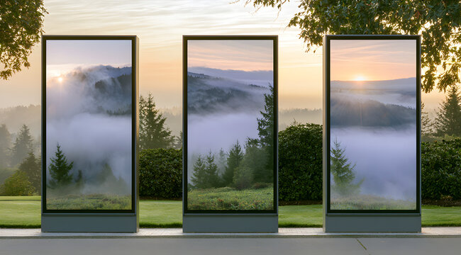 Three vertical digital billboards showcase a mountain fog landscape at sunrise. The billboards are positioned on a park's pavement next to trees and bushes. Modern outdoor advertising panels display a