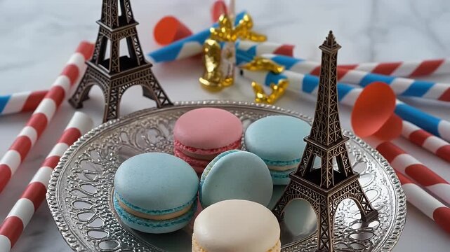 French Pastel Macarons on Silver Plate with Eiffel Tower Miniature Replicas and Tricolored Straws