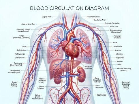 Detailed medical illustration showcasing human blood circulation system with anatomical labels showing heart lungs liver kidneys and major vascular networks