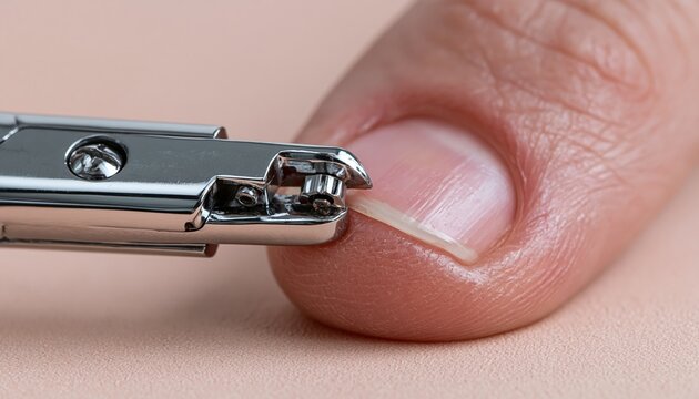 Close-up of finger with nail clipper cutting toenail, grooming
