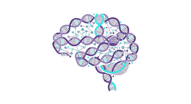 Abstract Human Brain Made of DNA Helixes and Neural Network Connections, Genetics and Artificial Intelligence Concept Art
