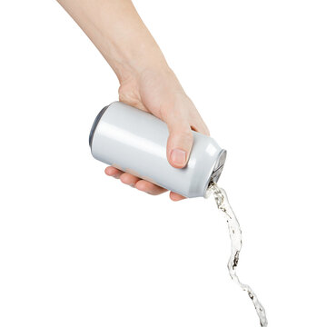 Hand pouring clear drink from white can, isolated on transparent cutout background
