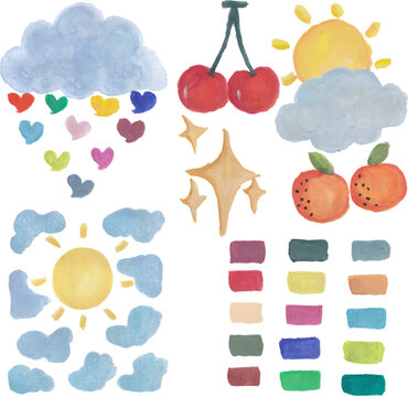 Weather, fruits and color palette hand drawn watercolor