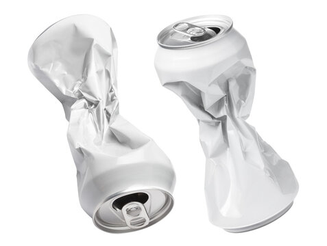 Set of crushed white aluminum soda cans, isolated on transparent cutout background