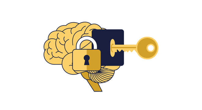 Conceptual Illustration of Unlocking Human Brain Potential with a Golden Key and Padlock for Mental Health, Security, and Cognitive Breakthrough