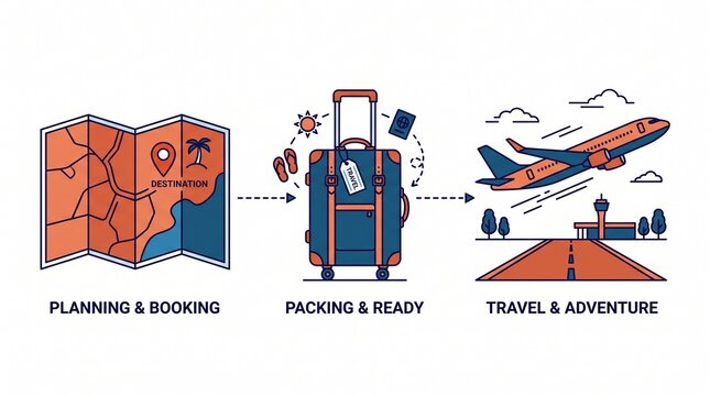 Illustrated vacation preparation stages from planning to travel adventure with suitcase with three stage travel preparation sequence with packed suitcase travel documents