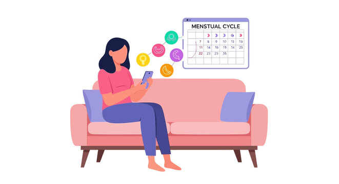 Woman Using Menstrual Cycle Tracking App on Smartphone for Period Health and Fertility Monitoring, Vector Illustration of Femtech and Female Reproductive Wellness