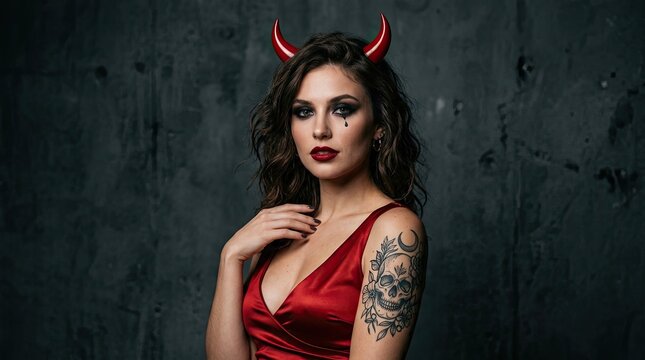 Halloween Beautiful young woman wearing red devil horns and a satin dress for Halloween party