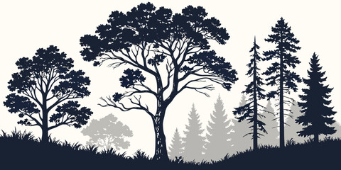Dense forest landscape silhouettes against white background, nature scene trees © Bf