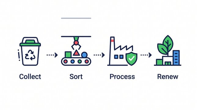 Modern recycling process illustrated in four sequential stages from collection to renewal with renewal using minimalist icons neutral color palette clarity professional appeal