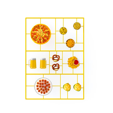 A plastic model kit features miniature party food and beer