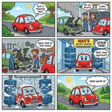 A red cartoon car getting washed at an auto wash