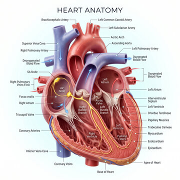 Detailed medical illustration showing human heart anatomy with labeled parts including arteries valves chambers and electrical conduction system pathways clearly
