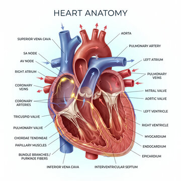 Detailed medical illustration showing human heart anatomy with labels for chambers valves and major blood vessels in bright vibrant colors