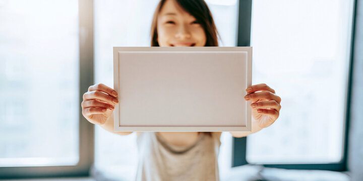Woman Holding Blank Frame Mockup A Photo With Shallow Depth Of Field female person presenting