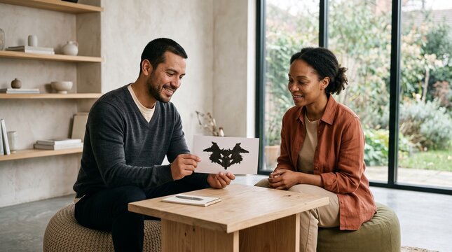 Diverse couple discusses Rorschach test in cozy modern living room