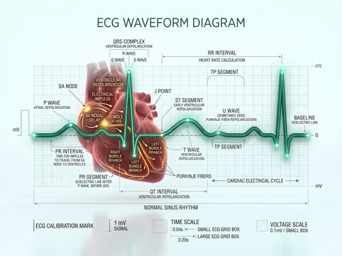 Detailed medical illustration showing the anatomy of a human heart along with a normal sinus rhythm ecg waveform graph