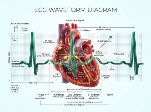 Detailed medical illustration showing the anatomy of a human heart overlaid with a standard electrocardiogram waveform and electrical conduction pathways