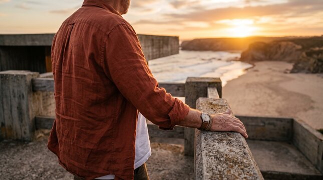 Man in rust shirt looking at ocean sunset from concrete structure