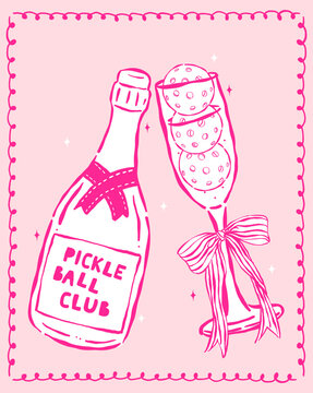Outline Girly Pickleball Champagne Bottle and Glass Hand Drawn, Retro Sport Club Party Invitation