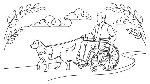 Continuous line drawing of a person in a wheelchair with a service dog