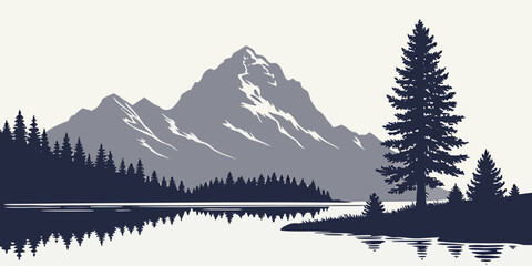 Serene mountain lake with snow-capped peak reflection at sunrise, tranquil forest foreground © Bf