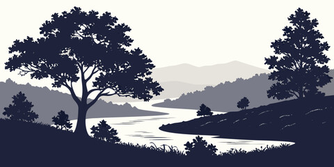 Serene river valley landscape silhouetted against a white background, with trees and mountains silhouettes © Bf