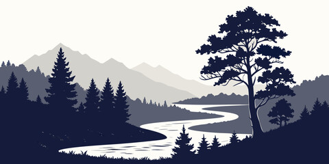 Serene river valley landscape silhouetted against snow-capped mountains at dusk silhouettes trees © Bf