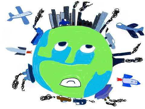 Children's painting of overstressed planet earth