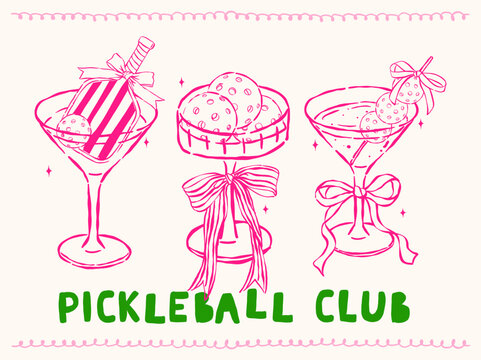 Outline Girly Pickleball Cocktail Drinks Hand Drawn, Retro Sport Club Party Invitation