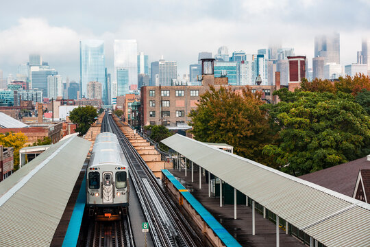 Elevated train on railroad track at Chicago, USA