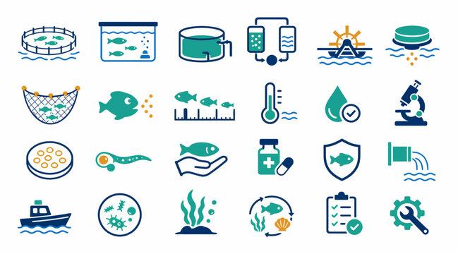 Colorful Aquaculture and Marine Science Icons Collection.