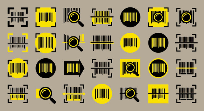Yellow and black bar code scanning icon set for retail and logistics.