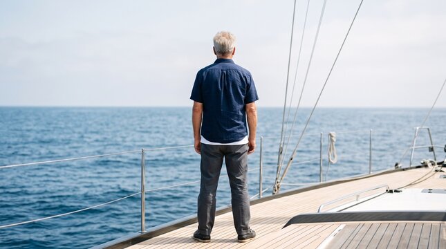 Senior man standing on sailboat deck looking out at the open blue ocean.