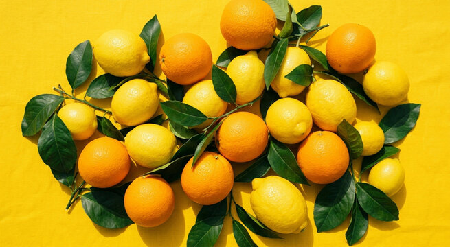 Top view of fresh, vibrant lemons and oranges with green leaves artfully arranged on a bright yellow background.