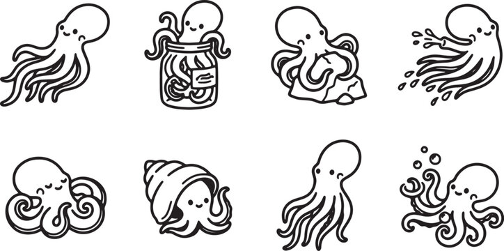 Minimalist octopus line art collection, set of 8 cute sea creature icons in vector format, kawaii nautical animal illustrations for coloring and stickers isolated on Transparent Background