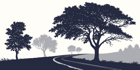 Serene country road at dusk, silhouetted trees against white sky, peaceful evening drive © Bf