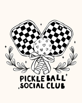 Outline Girly Pickleball Paddle and Ball Logo Hand Drawn, Retro Sport Social Club Party Lifestyle.