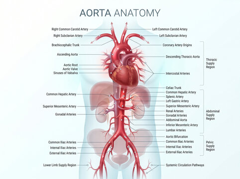 Detailed medical illustration showing the human aorta anatomy with labeled branches and major systemic circulation pathways for educational healthcare study