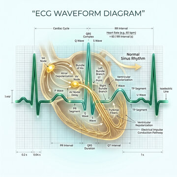 Detailed medical illustration showing the normal human heart anatomy alongside a standard electrocardiogram waveform diagram for clinical cardiology education purposes