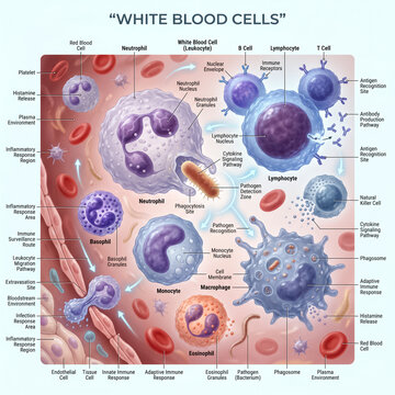 Detailed medical illustration showing various white blood cells performing immune responses against invading pathogens within the human bloodstream plasma environment
