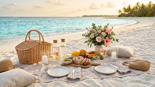 Romantic beach picnic setup with basket food flowers on sandy shore by calm ocean