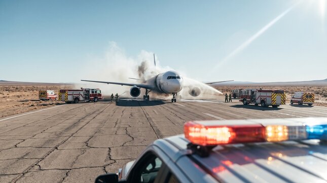 Burning passenger airplane on remote desert runway with emergency response vehicles at aviation crash site