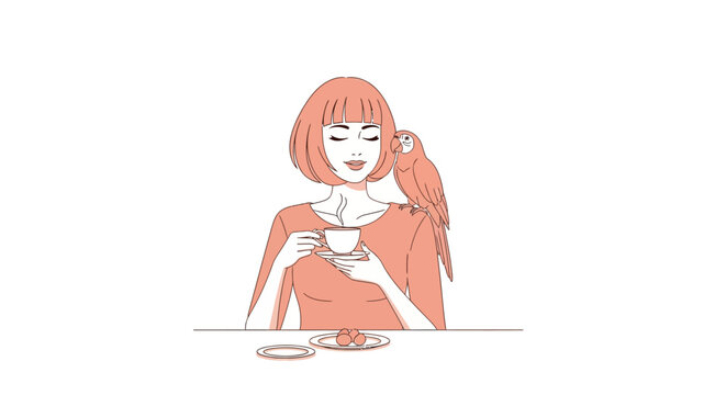 Woman drinking coffee with parrot on shoulder illustration