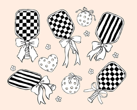 Outline Girly Pickleball Paddle and Ball with bow Hand Drawn Set, Retro pickle ball elements collection