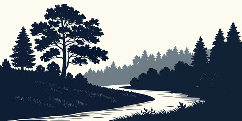 Silhouetted forest river landscape at dusk with snow-capped mountains © Bf
