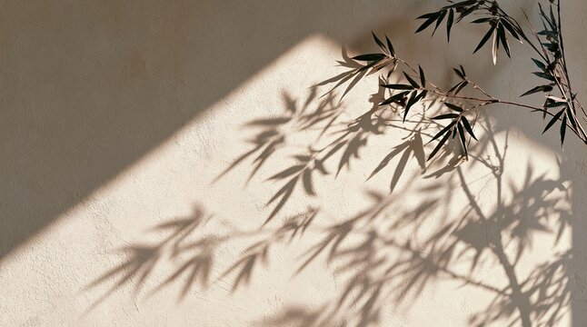 Sunlit bamboo leaves casting shadows on wall background