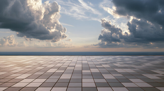 A spacious rooftop covered in a patterned tile layout extends to the horizon beneath a dramatic sky framed by fluffy clouds. A continuous tiled floor stretches towards a vast sky illuminated by sunlit