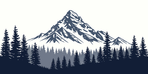 Snow-covered mountain peak with evergreen trees, white background, winter landscape coniferous trees © Bf