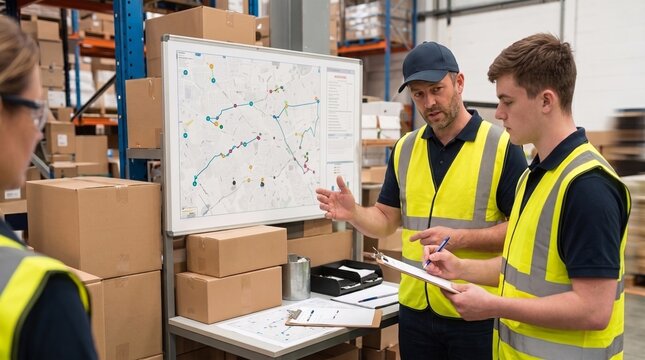 Warehouse team reviewing delivery routes and shipment plans during a logistics briefing. Concept of transportation planning, team coordination and supply chain optimization.